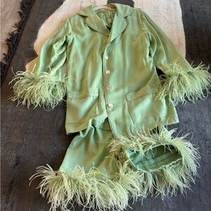 Sleeper Green Feather Trim Pajama Set size Small